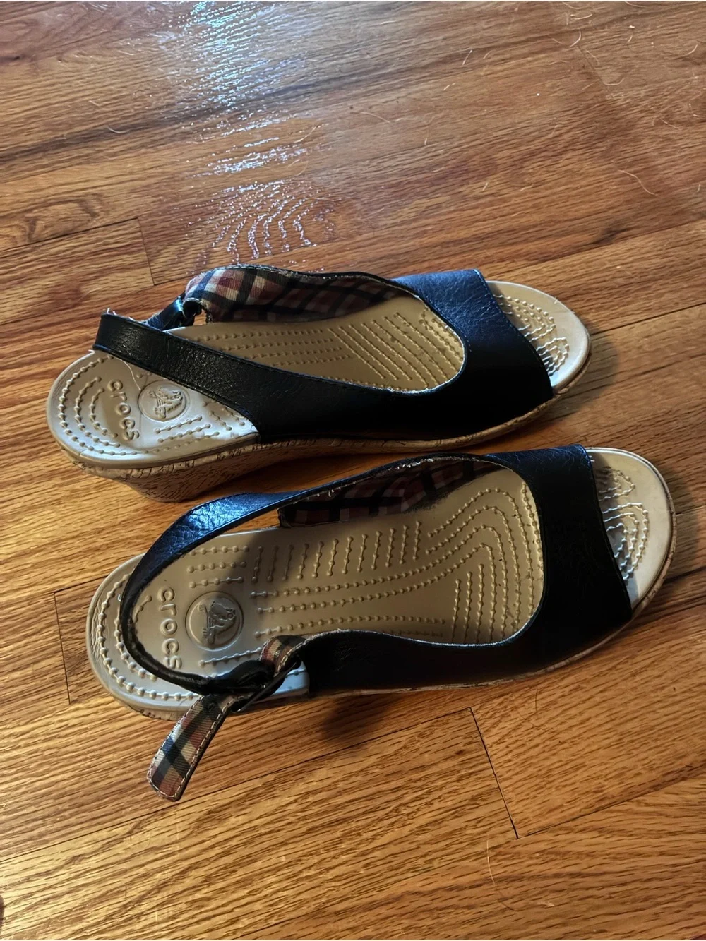 Crocs A-Leigh Black Leather Slingback Cork Wedge Sandals